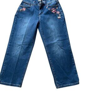 Vintage Croft & Barrow Cropped Jeans Floral Embroidered Capri Dark Wash Sz 6